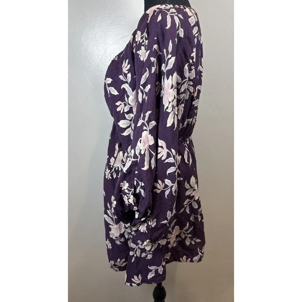 Free People Portia Printed Mini Dress Womens Small Purple Floral Linen Blend NWT